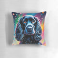 Colorful portrait of a playful cocker spaniel puppy on a soft, plush pillow
