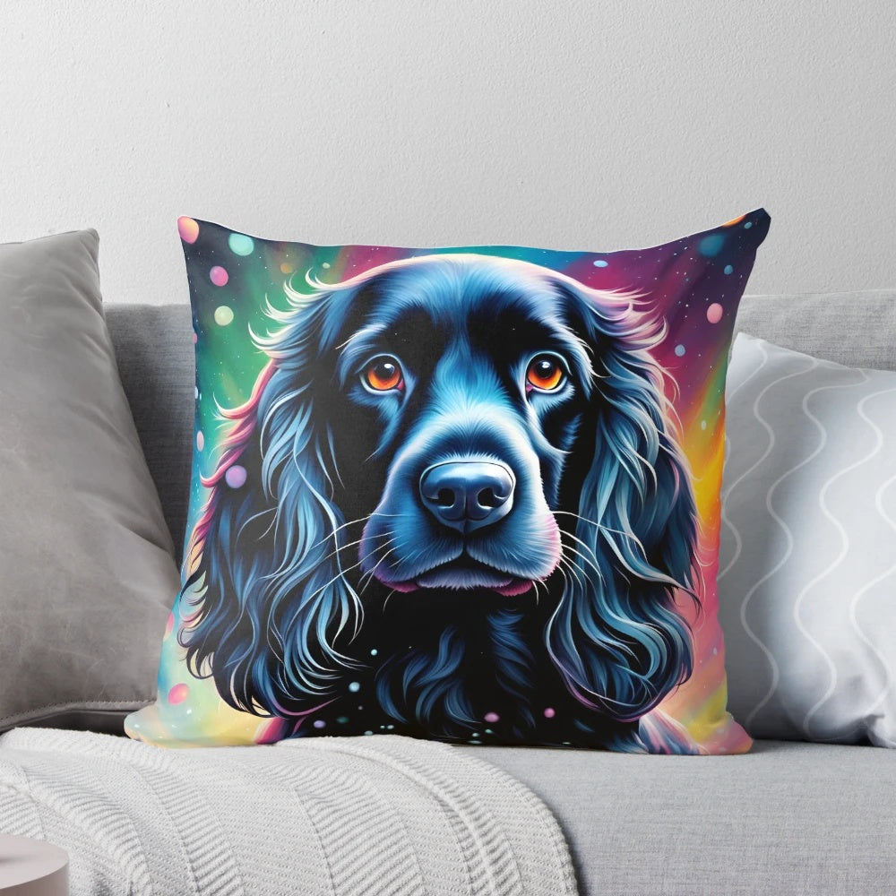 Colorful portrait of a playful cocker spaniel puppy on a soft, plush pillow