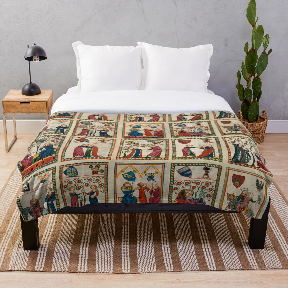Codex Manesse inspired plush blanket with medieval art and music motifs