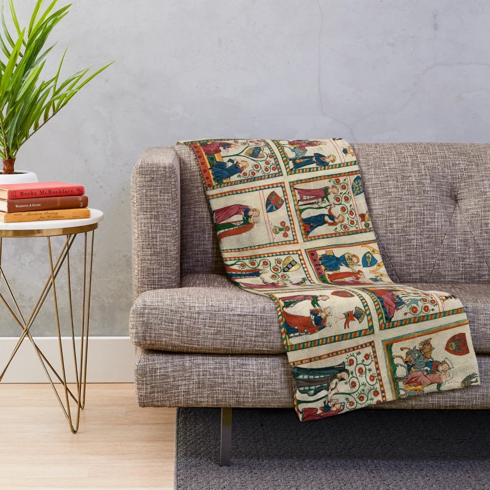 Codex Manesse inspired plush blanket with medieval art and music motifs