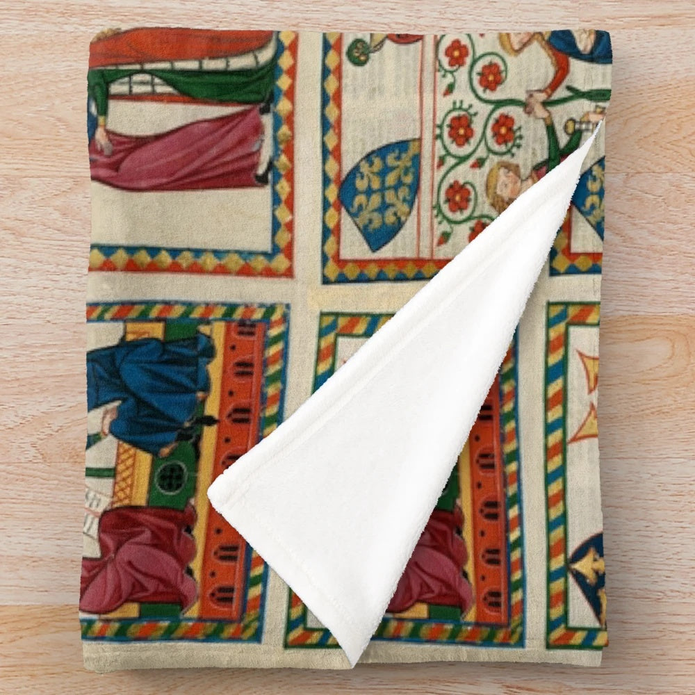 Codex Manesse inspired plush blanket with medieval art and music motifs