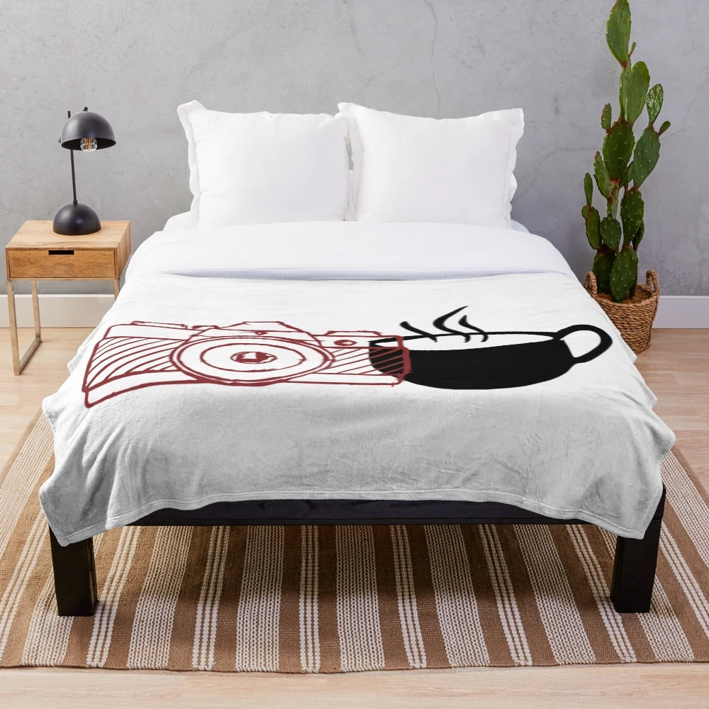 Cozy plush blanket featuring a coffee and camera line art design for coffee and photography enthusiasts