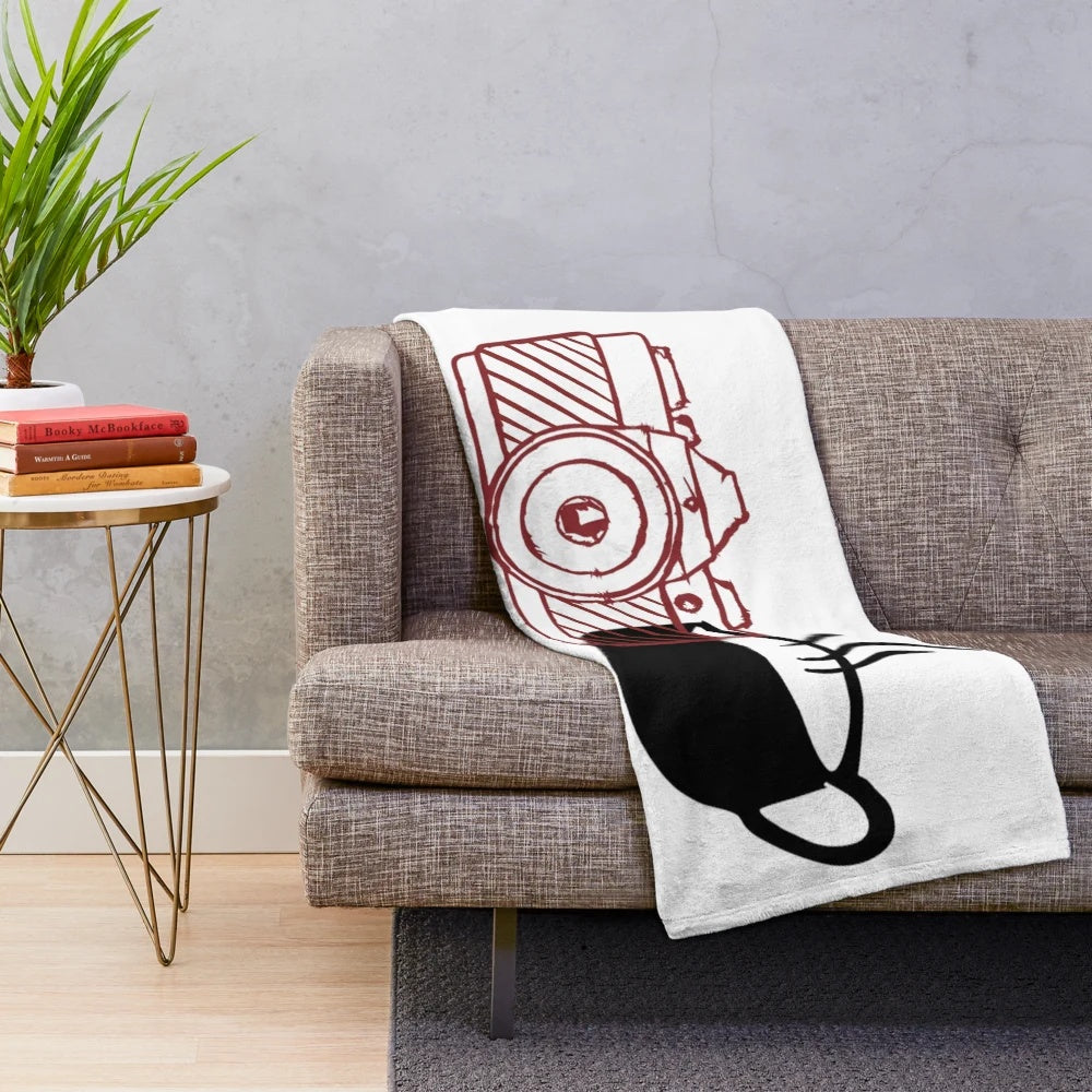 Cozy plush blanket featuring a coffee and camera line art design for coffee and photography enthusiasts
