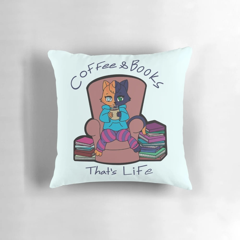 Soft, plush pillow featuring a whimsical design of a cat lounging on a couch with a cup of coffee and books.