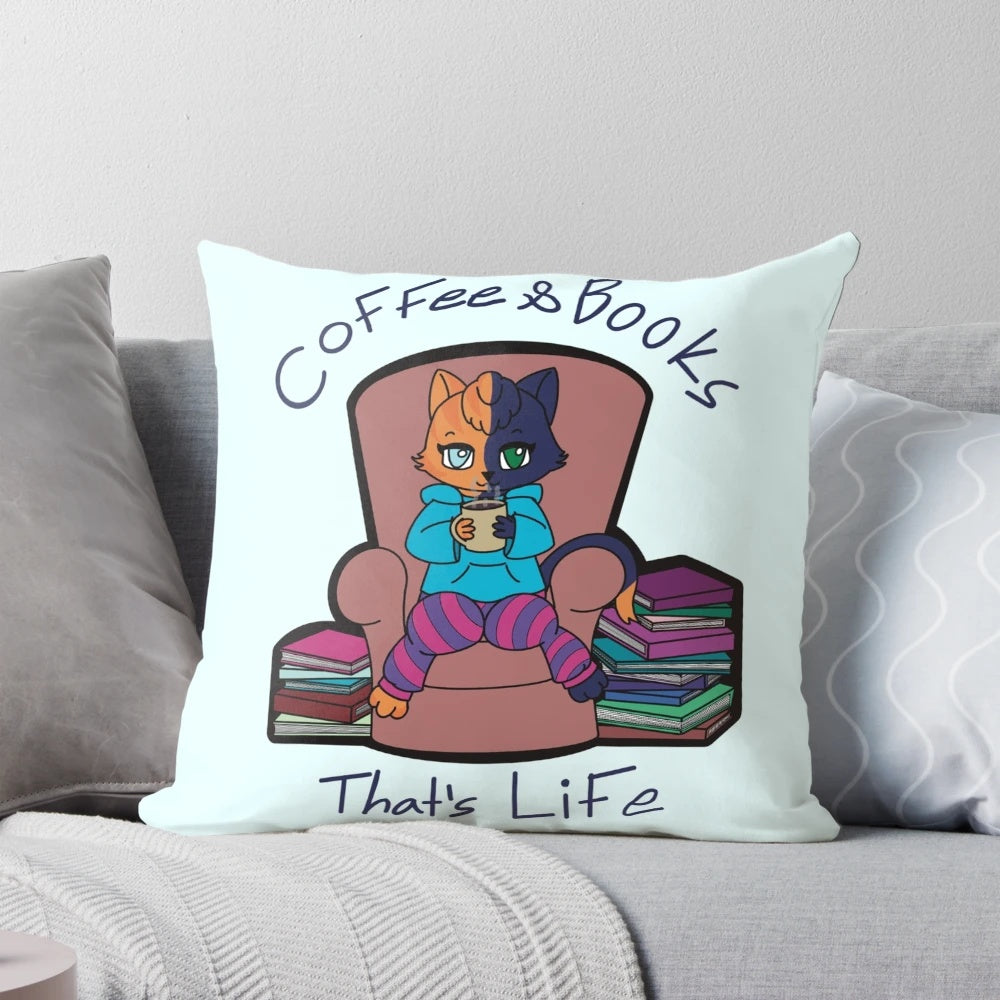 Soft, plush pillow featuring a whimsical design of a cat lounging on a couch with a cup of coffee and books.
