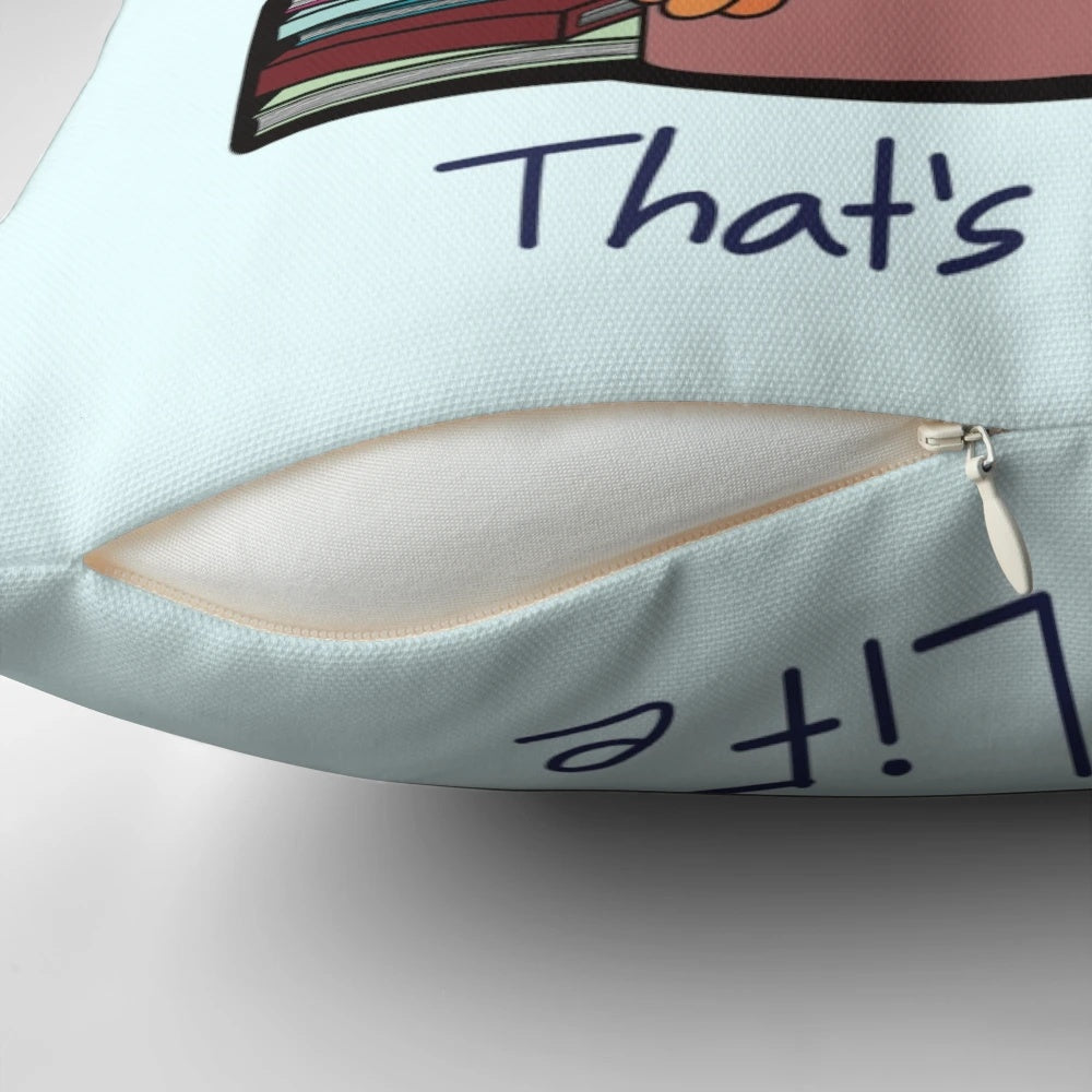 Soft, plush pillow featuring a whimsical design of a cat lounging on a couch with a cup of coffee and books.