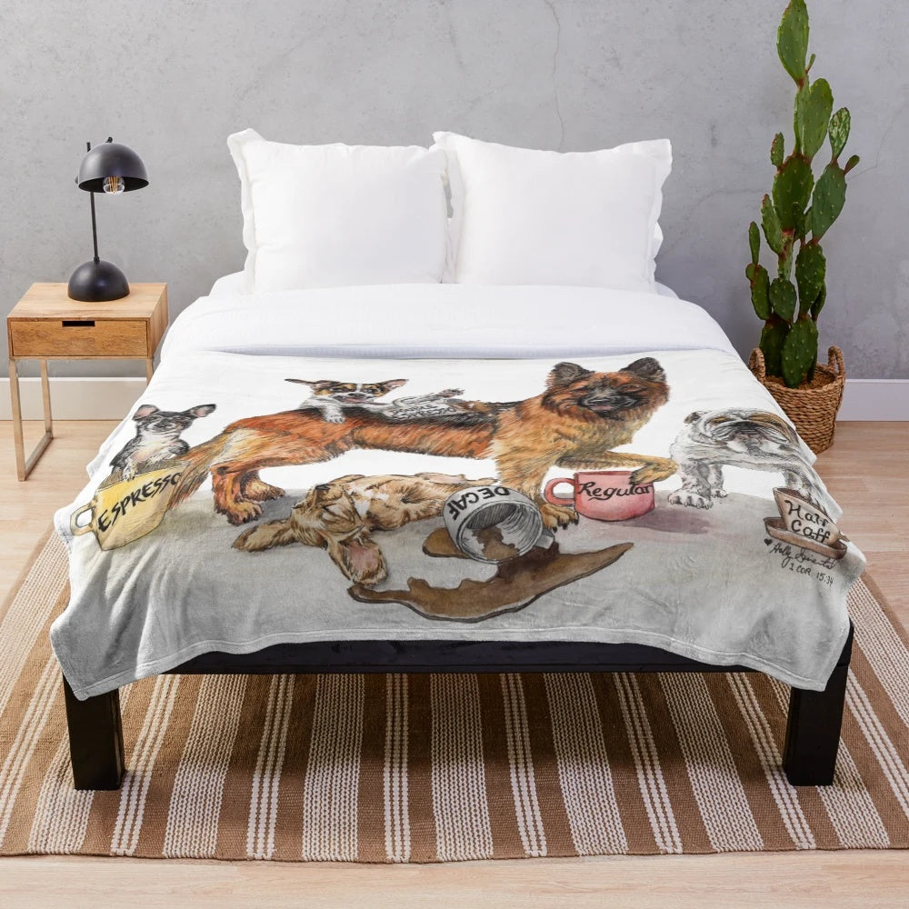 Cozy plush blanket featuring a whimsical coffee and dog design