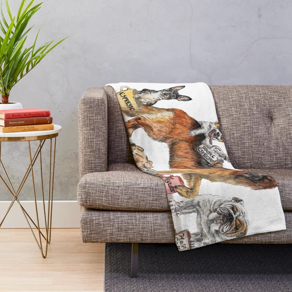 Cozy plush blanket featuring a whimsical coffee and dog design