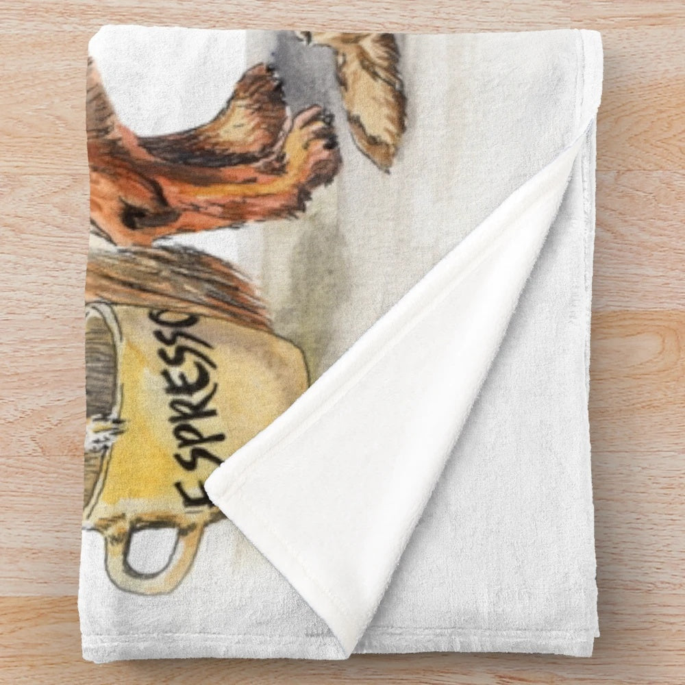 Cozy plush blanket featuring a whimsical coffee and dog design
