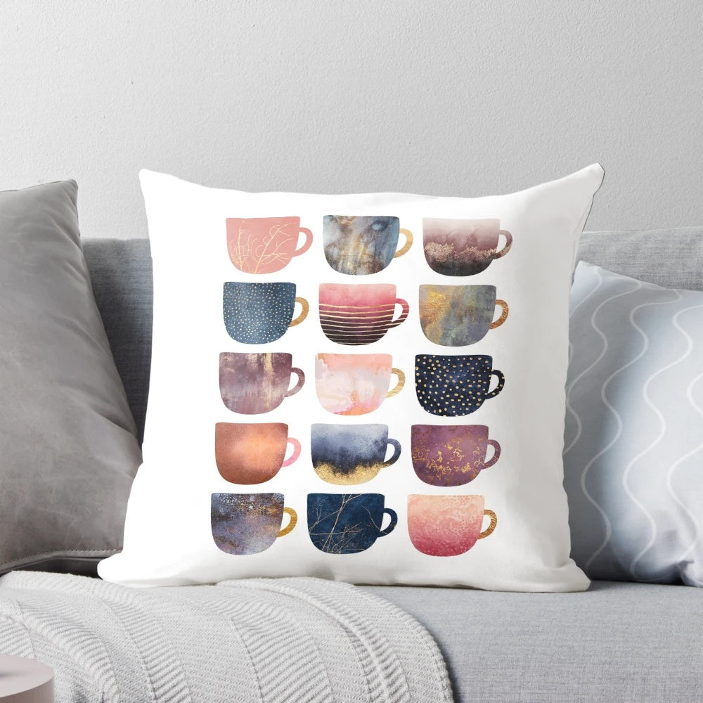 Soft, plush pillow designed with a coffee cup print, perfect for adding a touch of warmth and comfort to any kitchen or living space.