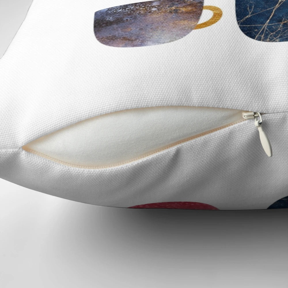 Soft, plush pillow designed with a coffee cup print, perfect for adding a touch of warmth and comfort to any kitchen or living space.