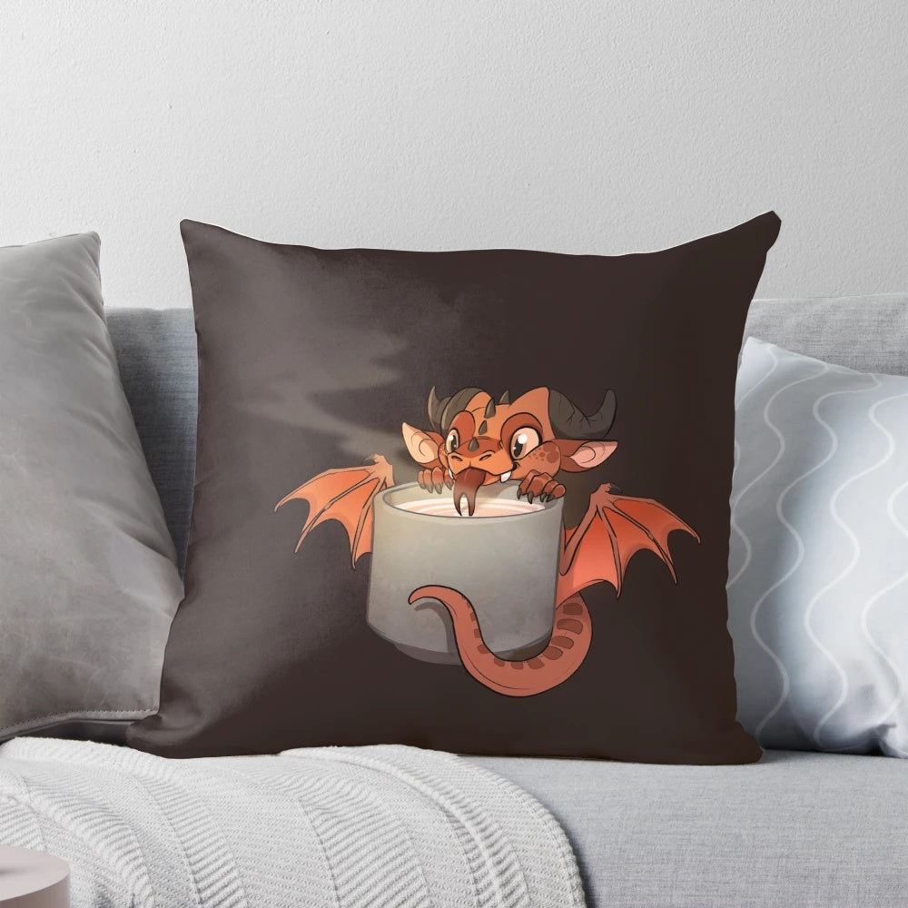 Soft, plush coffee dragon pillow with a whimsical fantasy design
