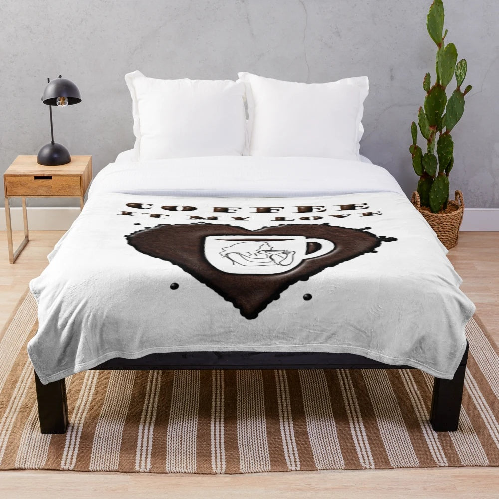 Cozy plush blanket with coffee and heart design