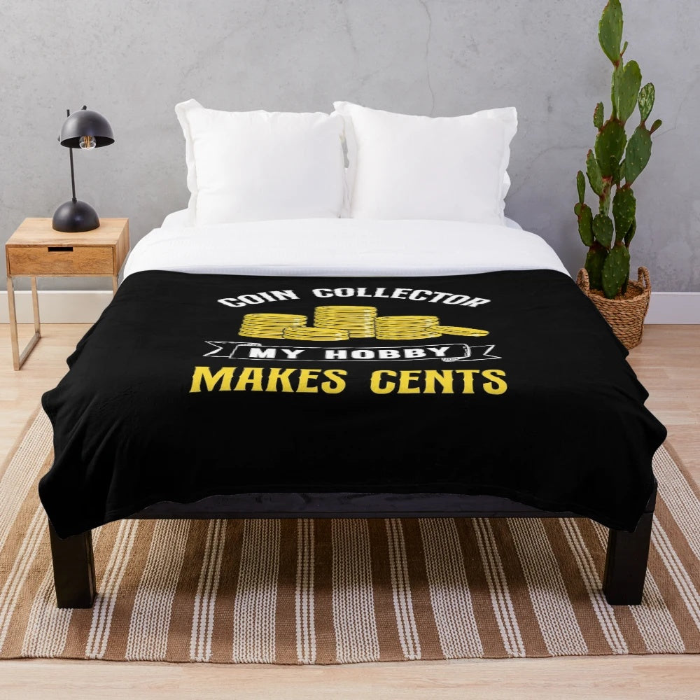 Cozy plush blanket featuring a coin collecting design for coin collectors and enthusiasts