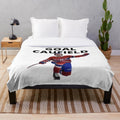 Image of a plush blanket featuring hockey player Cole Caufield