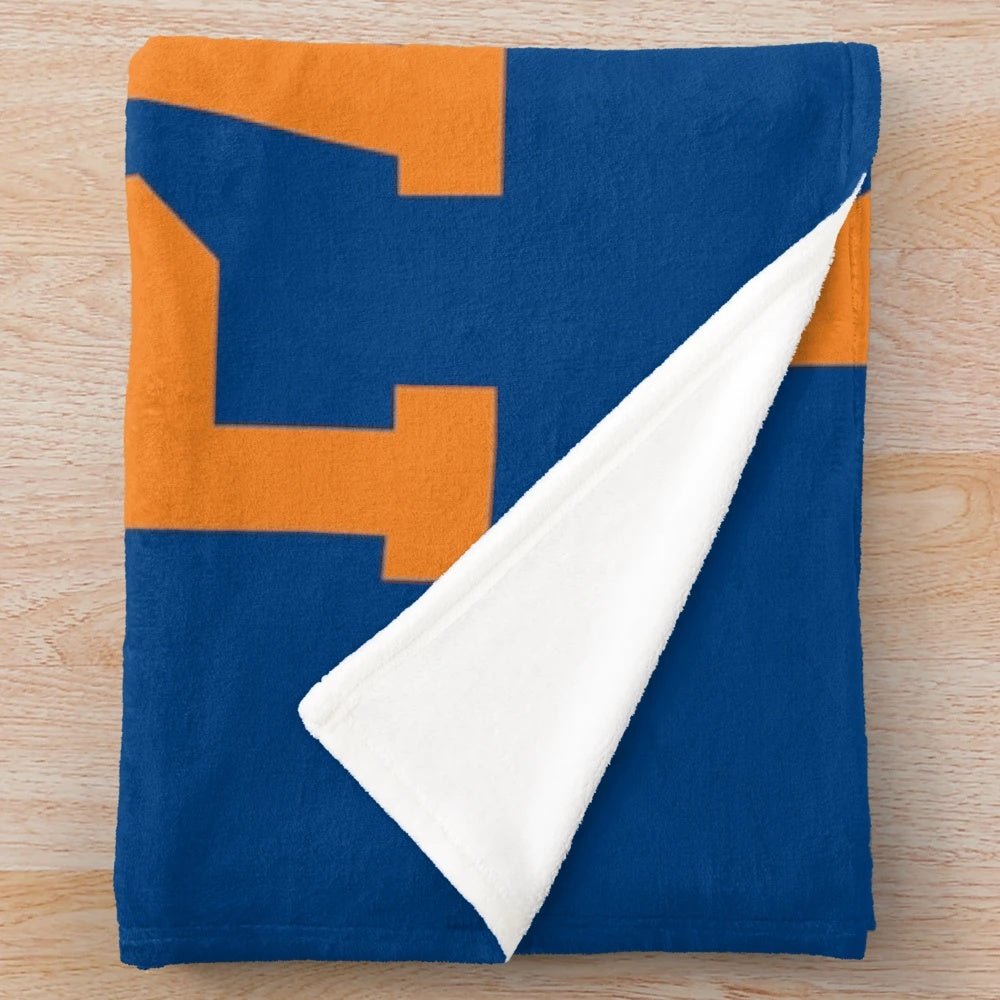 New Paltz college plush blanket with varsity-style curved text design