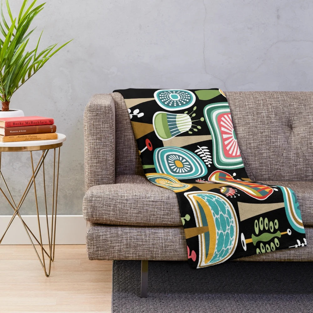 Colorful mid century modern style plush blanket with abstract mushroom design
