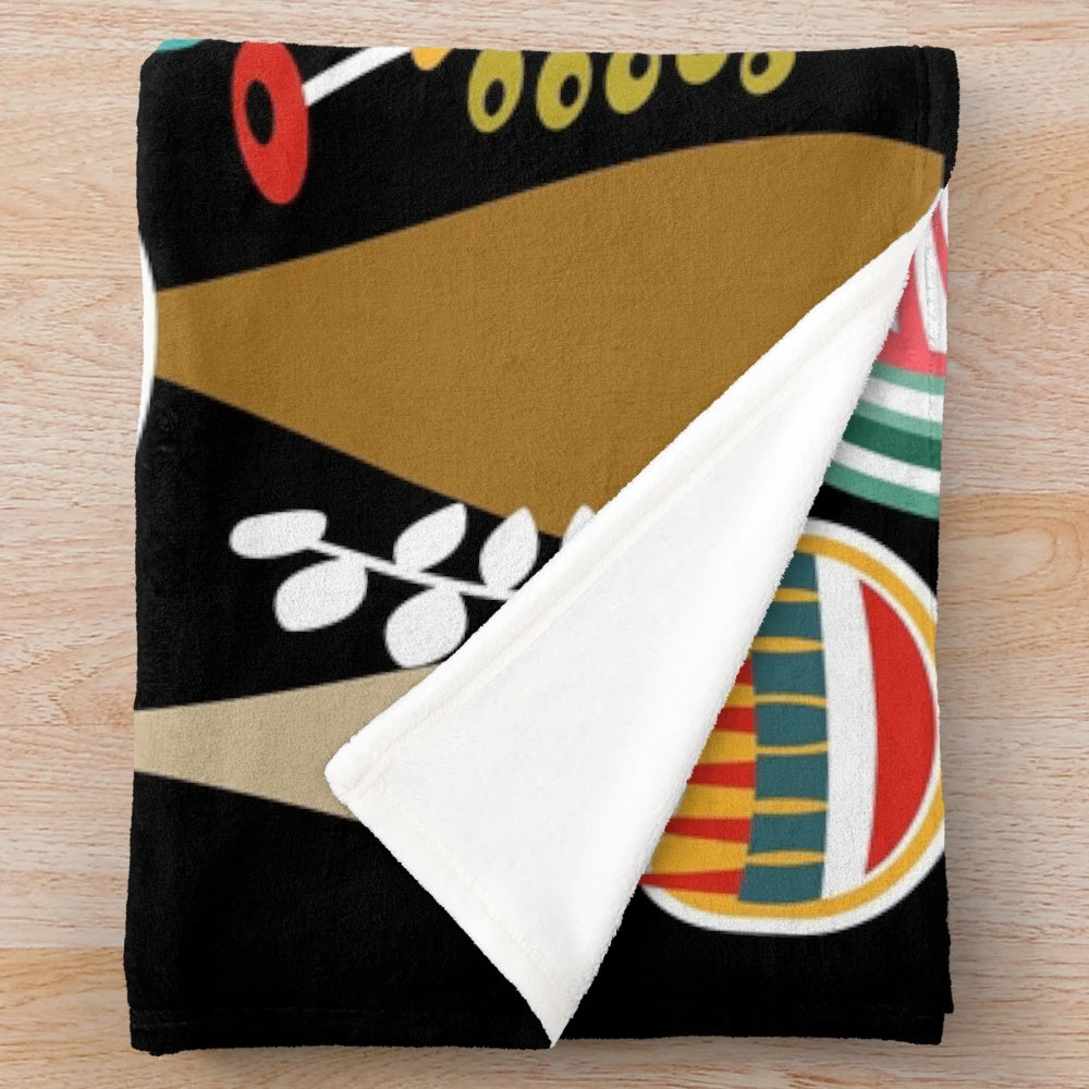 Colorful mid century modern style plush blanket with abstract mushroom design