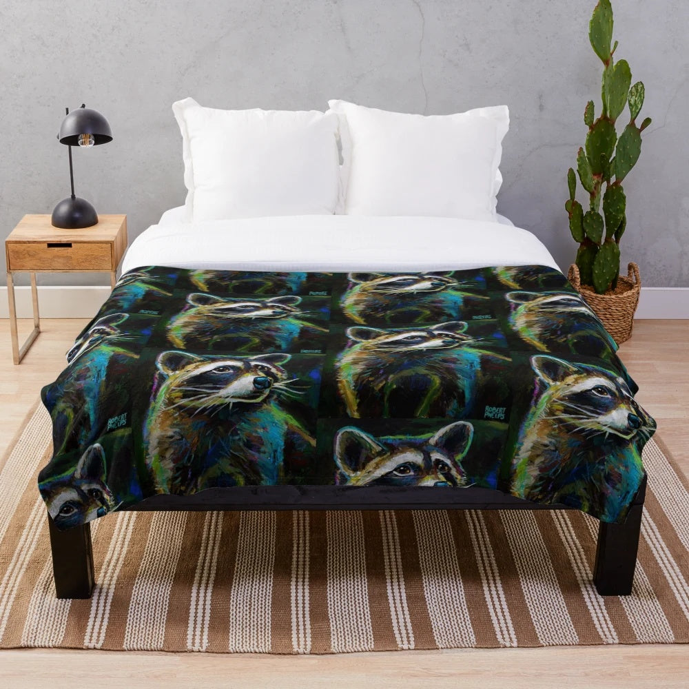 Colorful raccoon painting design on a plush blanket