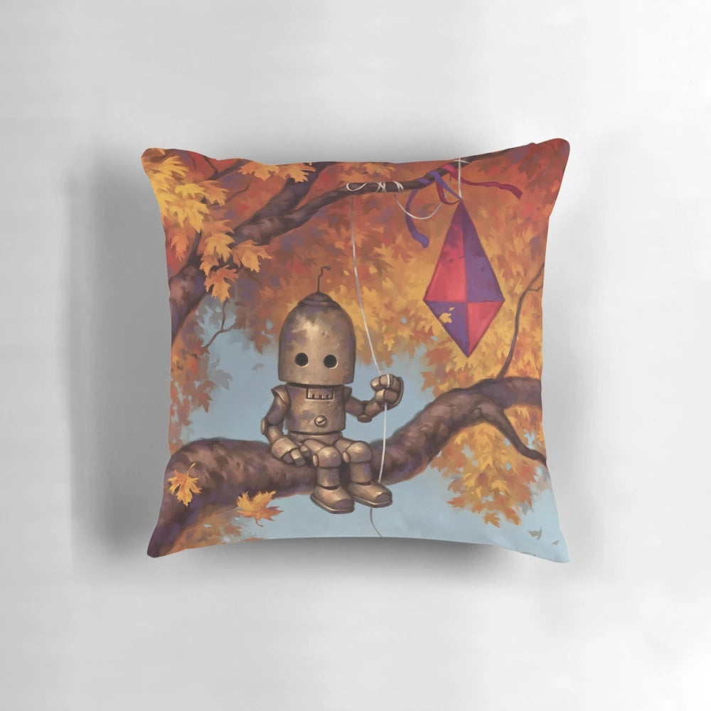 A soft, plush pillow in autumn colors with a playful robot design, perfect for comfortable air travel.