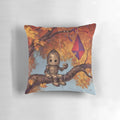 A soft, plush pillow in autumn colors with a playful robot design, perfect for comfortable air travel.