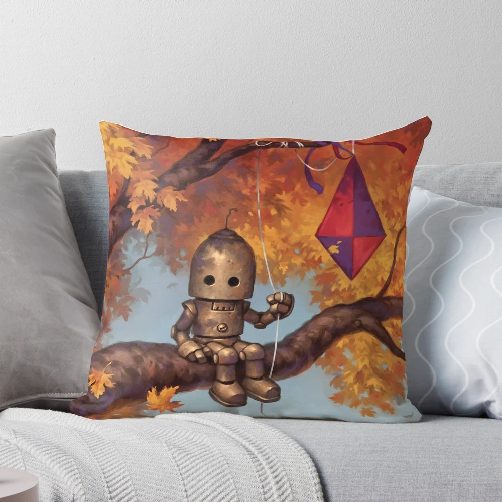 A soft, plush pillow in autumn colors with a playful robot design, perfect for comfortable air travel.