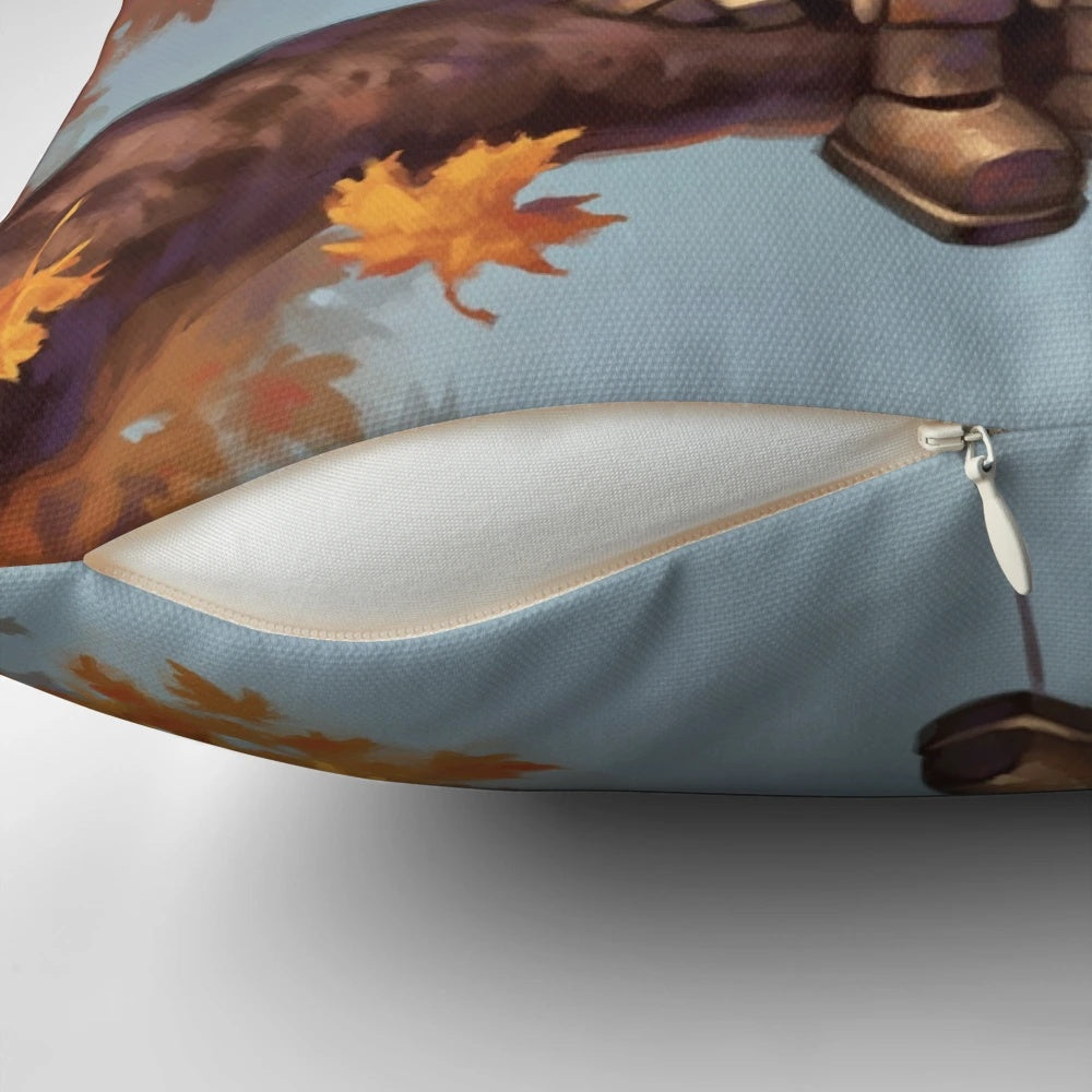 A soft, plush pillow in autumn colors with a playful robot design, perfect for comfortable air travel.