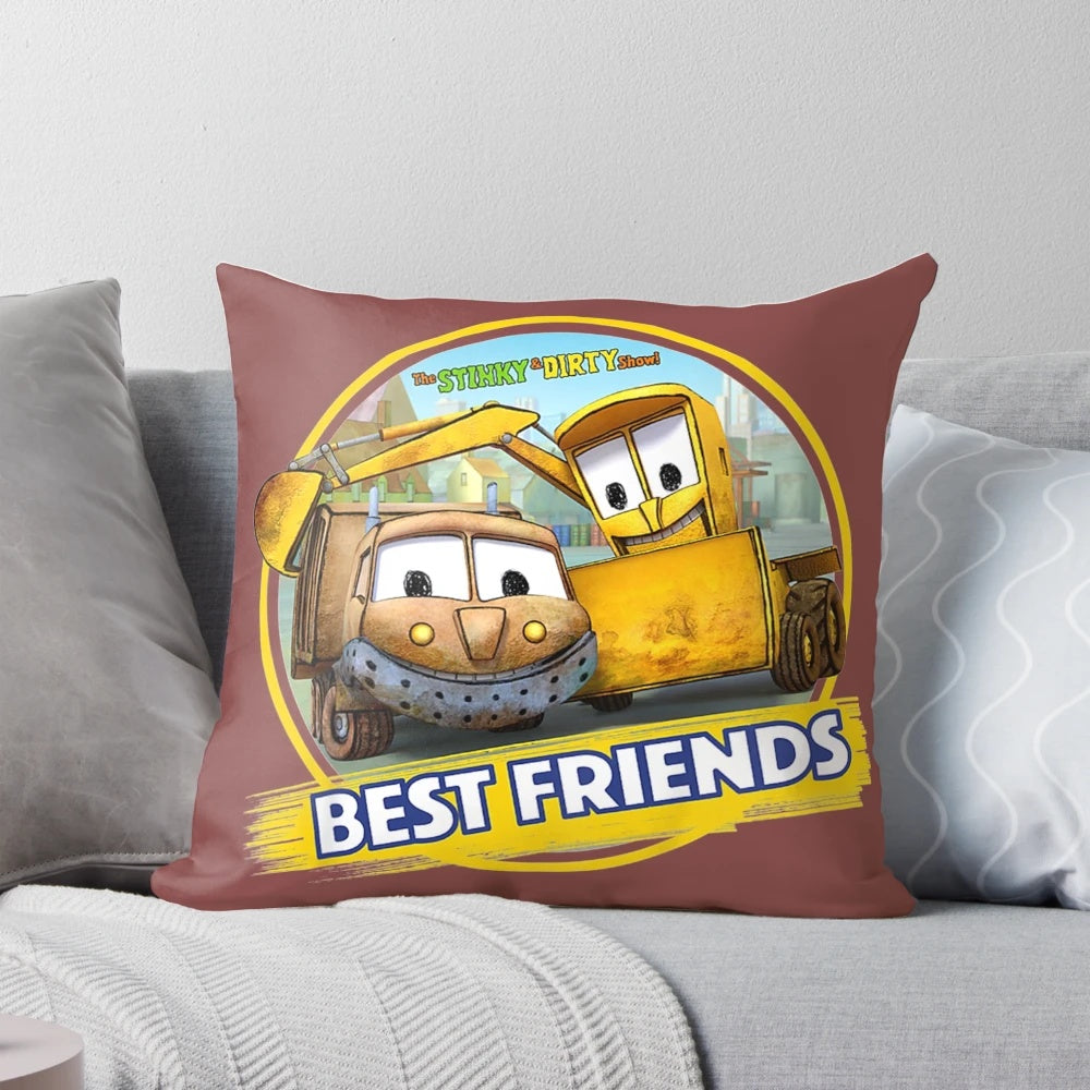 Plush pillow featuring an excavator and bulldozer design, inspired by the popular children's show "The Stinky and Dirty Show"