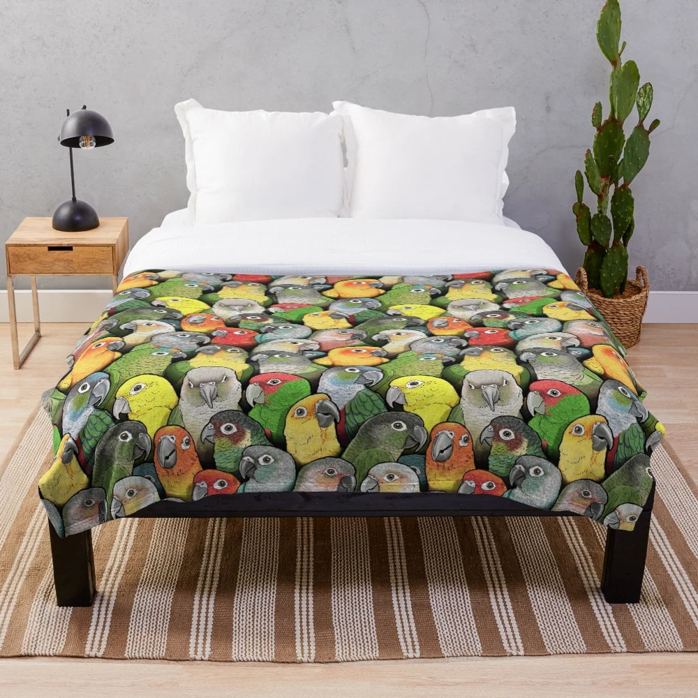 Colorful plush blanket featuring a vibrant conure bird pattern