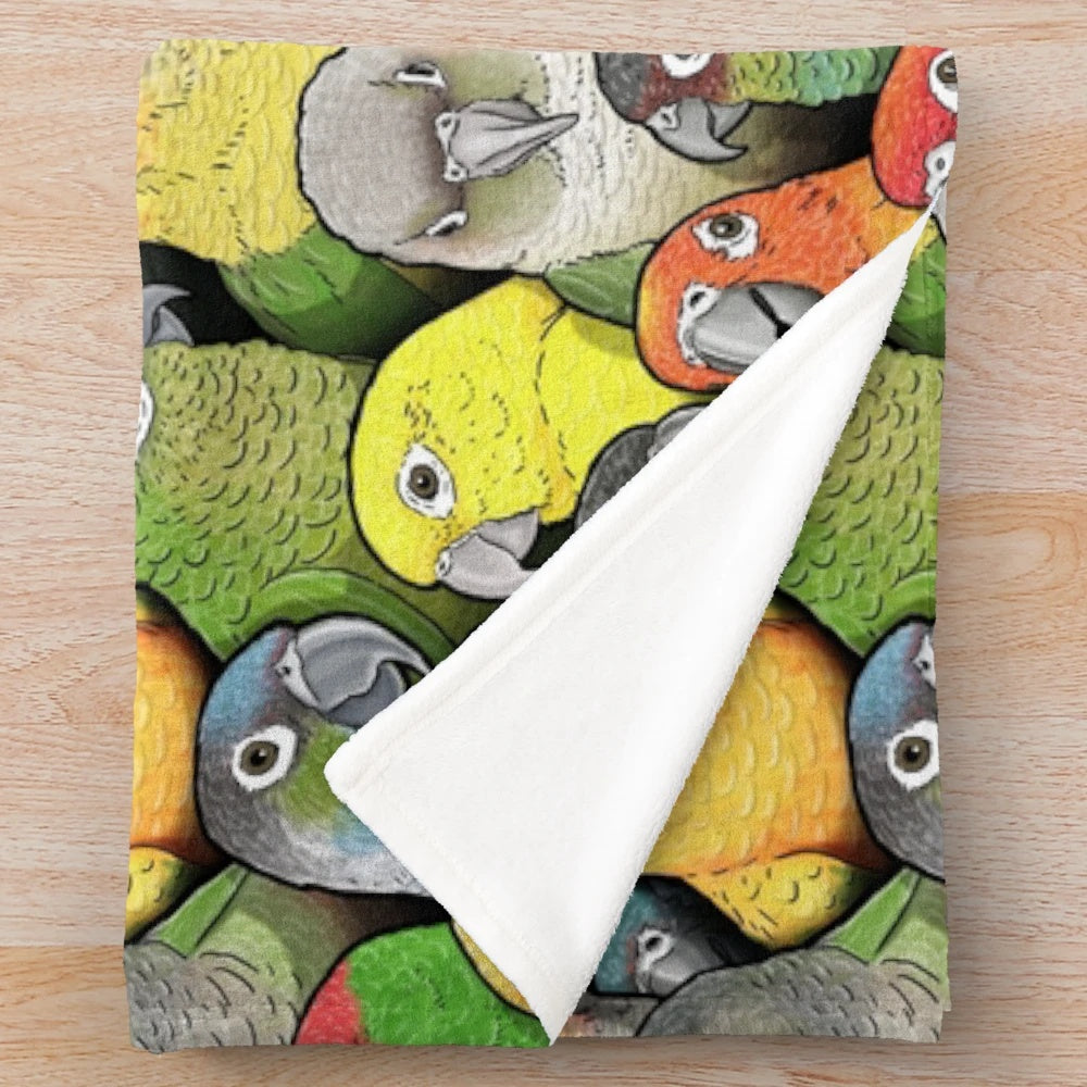 Colorful plush blanket featuring a vibrant conure bird pattern