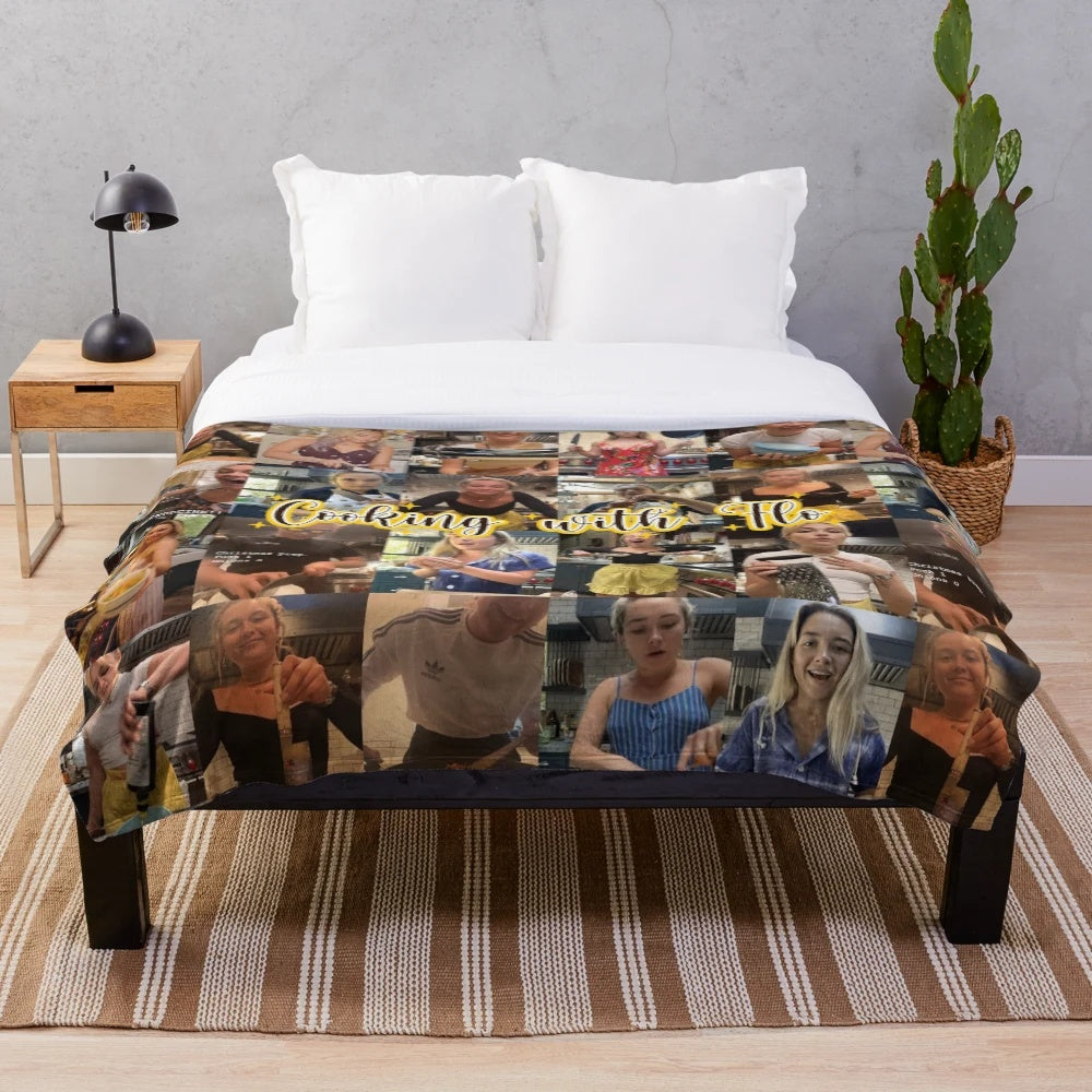 Plush blanket with cooking-themed design, featuring Florence Pugh