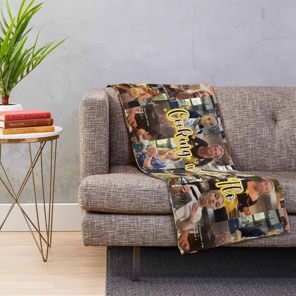Plush blanket with cooking-themed design, featuring Florence Pugh