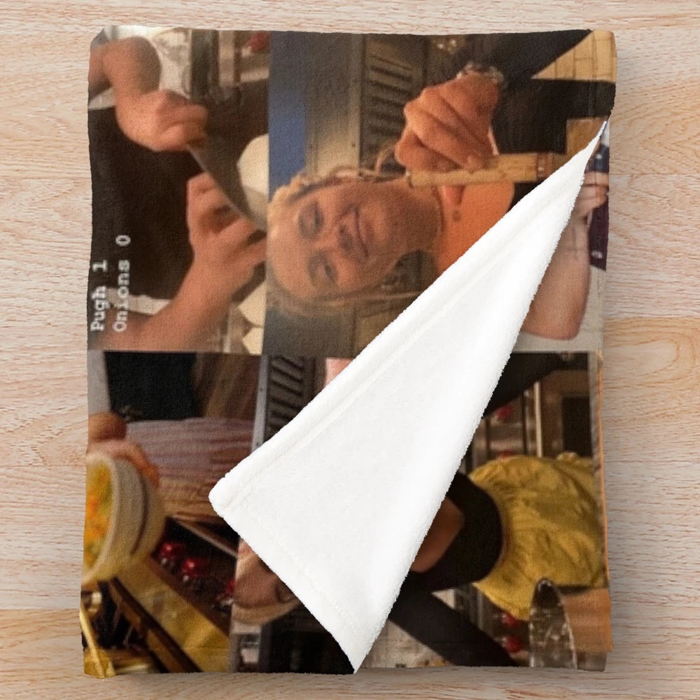 Plush blanket with cooking-themed design, featuring Florence Pugh