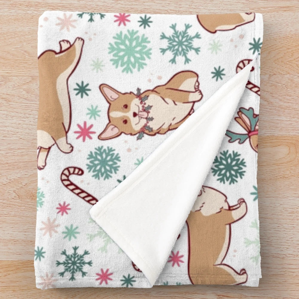 Corgi Christmas Plush Blanket with Snowflakes and Candy Canes