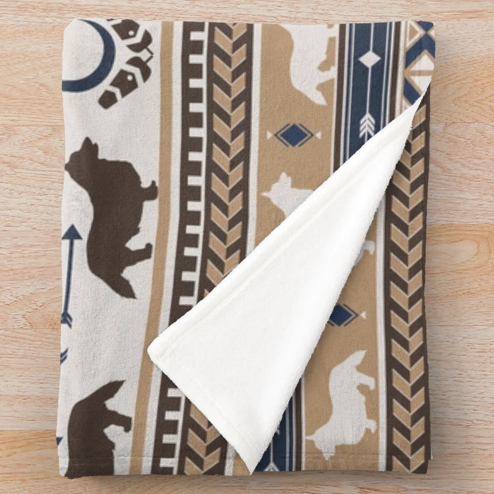 Cozy Corgi Plush Blanket with Boho Tribal Dog Pattern