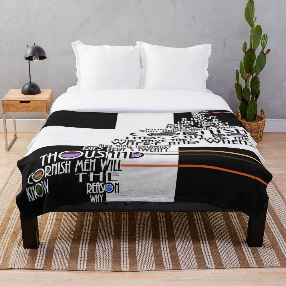 Plush blanket with a map of Cornwall and the Cornish anthem Trelawney