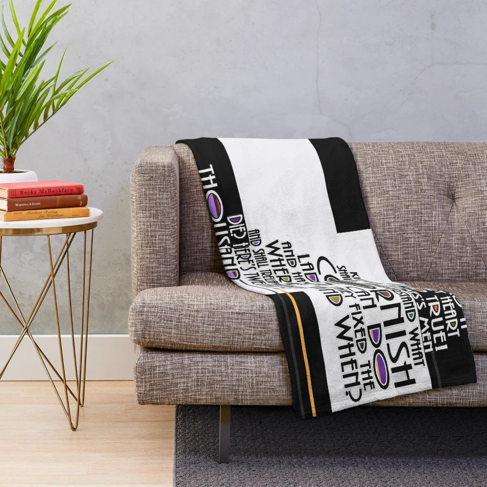 Plush blanket with a map of Cornwall and the Cornish anthem Trelawney