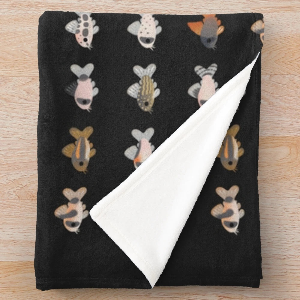 Corydoras catfish-themed black plush blanket