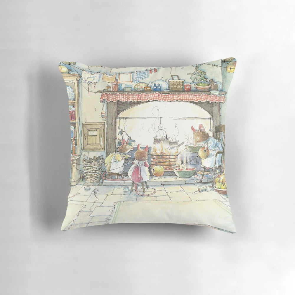 A cozy, pastel-colored pillow featuring a charming illustration of a British countryside cottage.