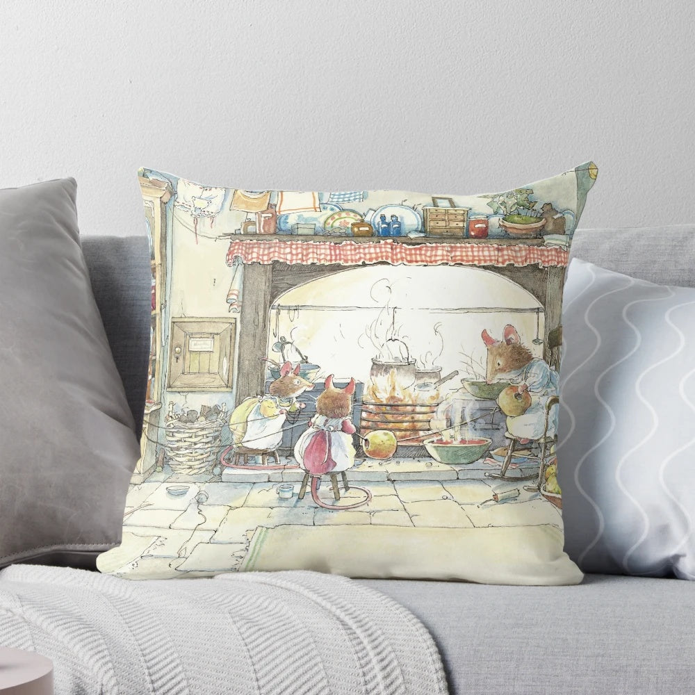 A cozy, pastel-colored pillow featuring a charming illustration of a British countryside cottage.