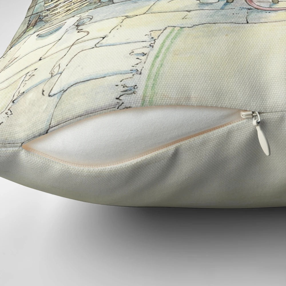 A cozy, pastel-colored pillow featuring a charming illustration of a British countryside cottage.