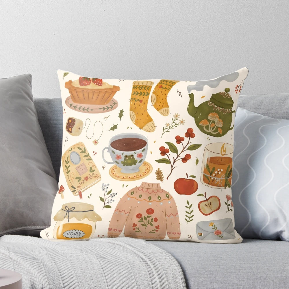 Cozy cottage-style throw pillow with floral and tea pot design for winter home decor