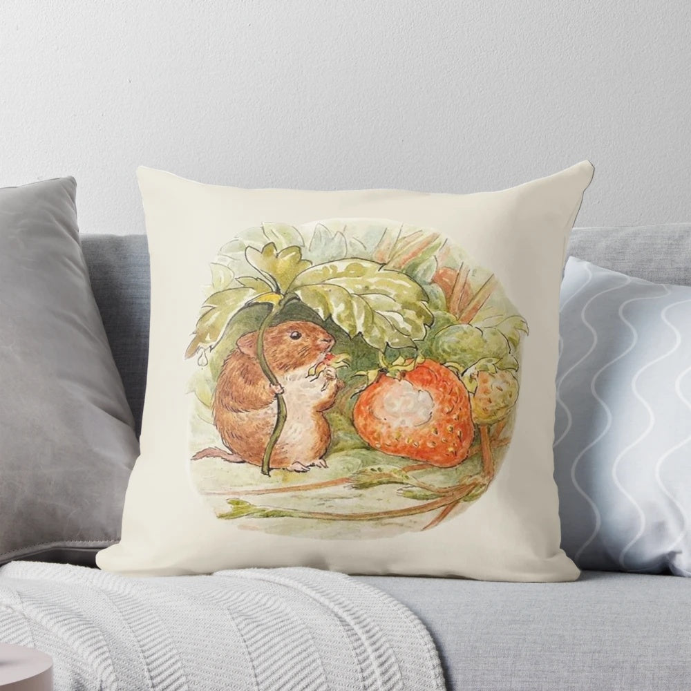 Cottagecore-style pillow featuring adorable calico critters and baby animals on a neutral, natural-toned background