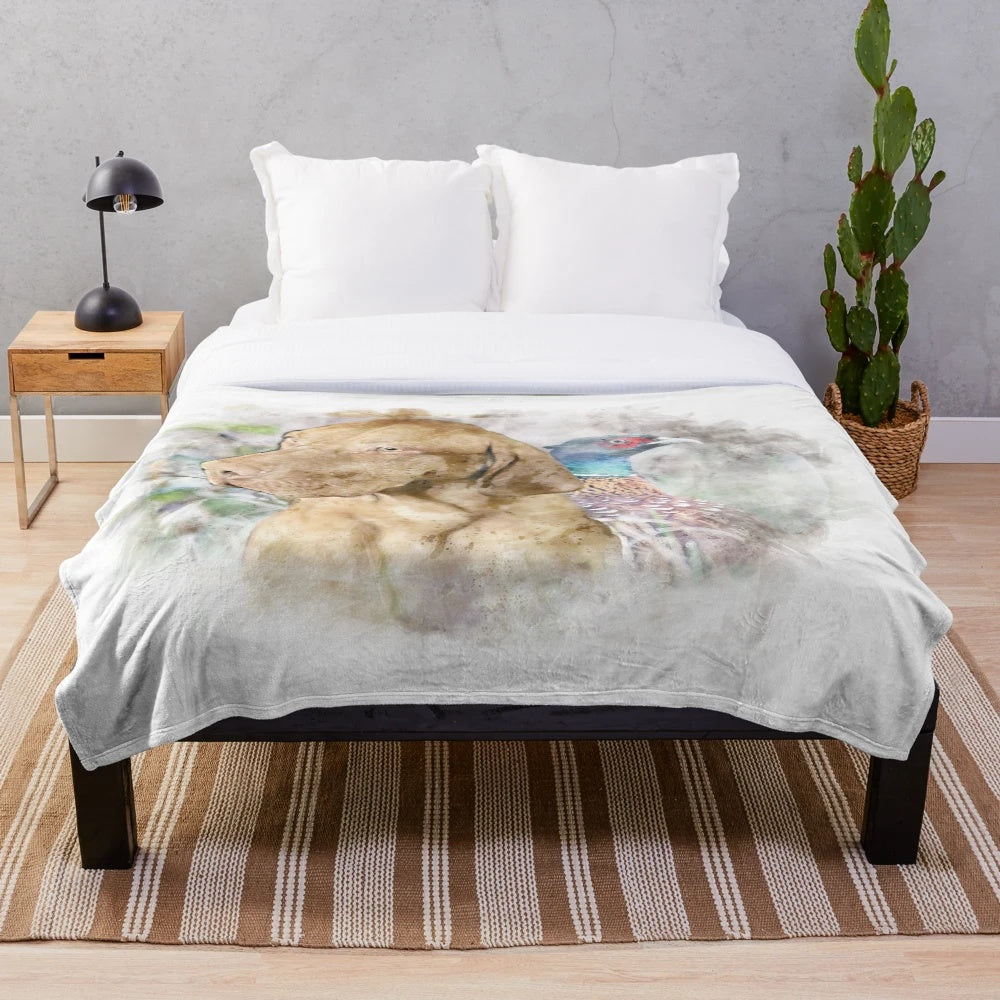 Plush blanket featuring a country-inspired design with a dog and pheasant