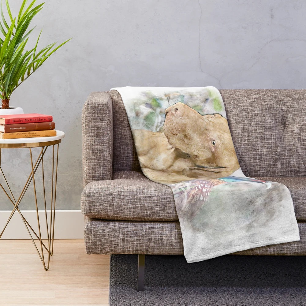Plush blanket featuring a country-inspired design with a dog and pheasant