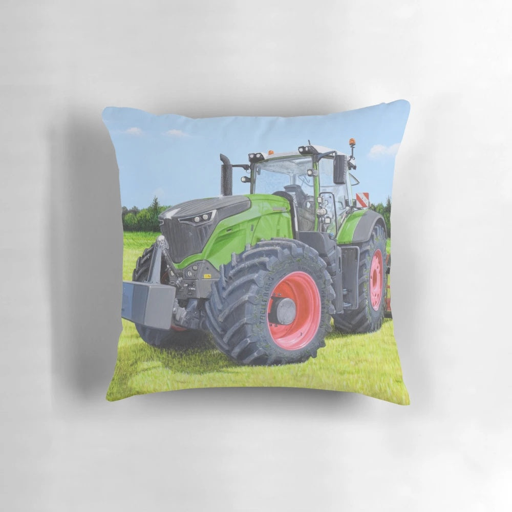 Green tractor in a field, a peaceful rural landscape