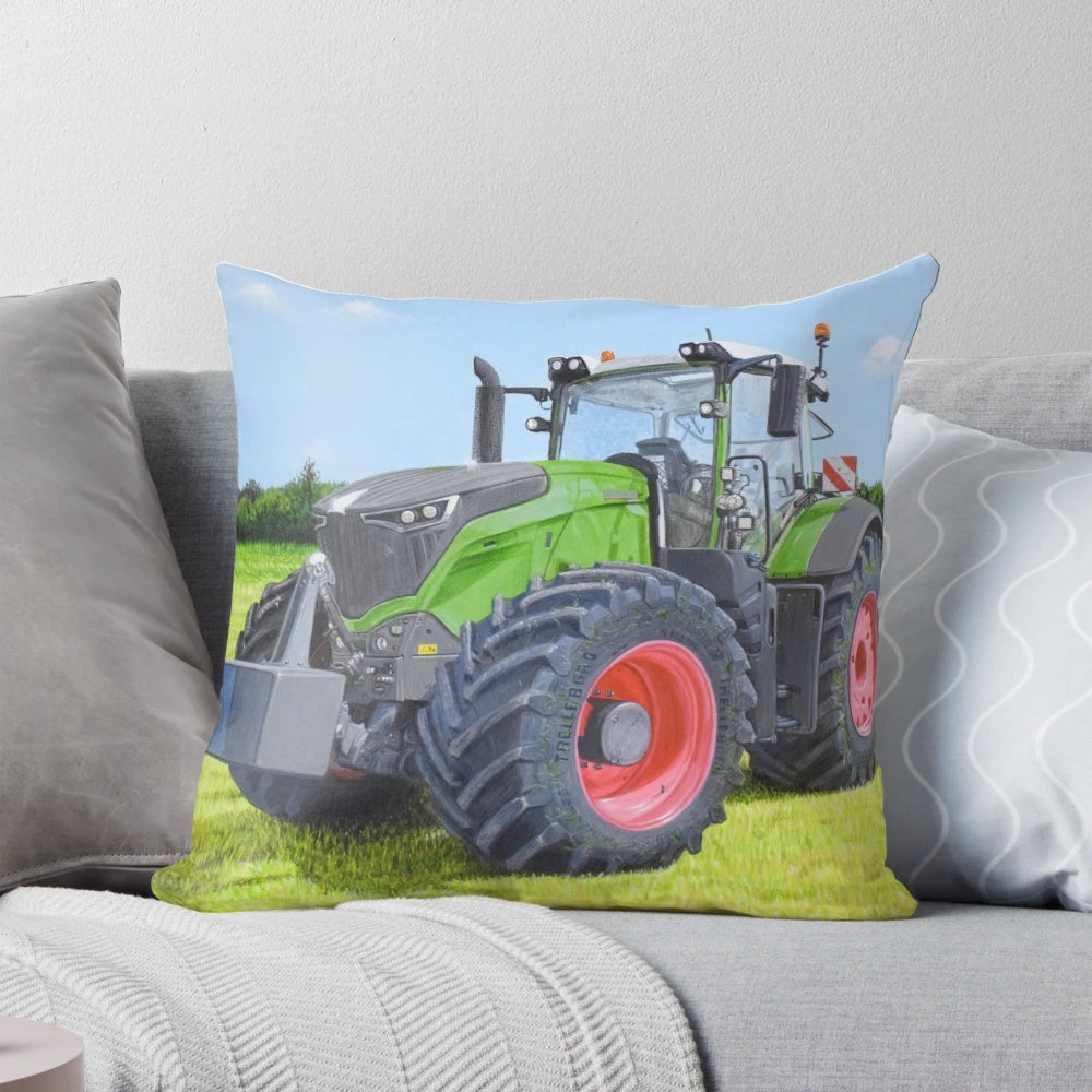 Green tractor in a field, a peaceful rural landscape