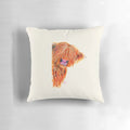 Soft, plush pillow featuring a whimsical 'peekaboo' design of a friendly, ginger-colored Scottish Highland cow