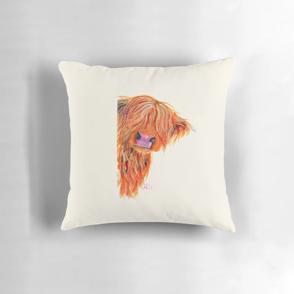 Soft, plush pillow featuring a whimsical 'peekaboo' design of a friendly, ginger-colored Scottish Highland cow