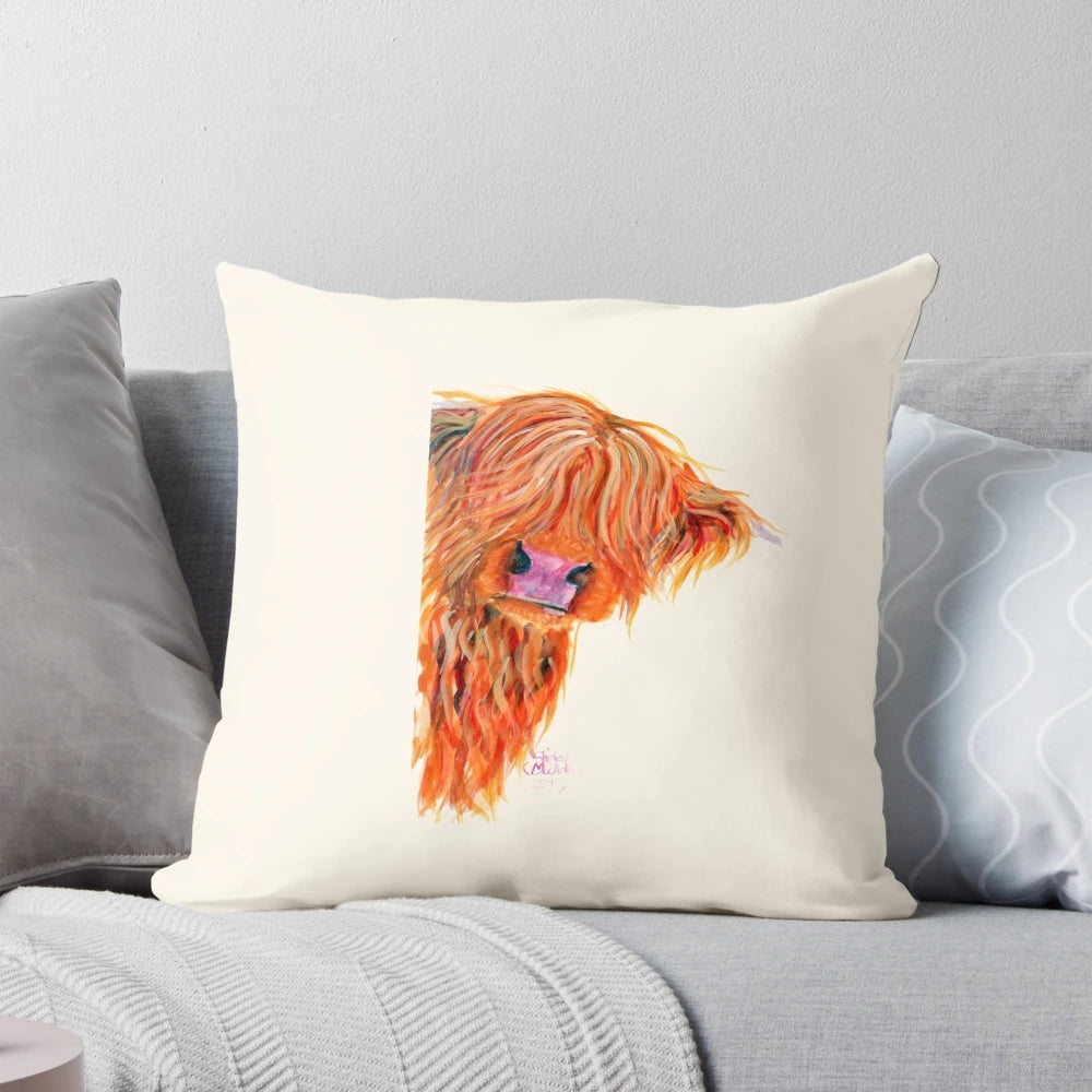 Soft, plush pillow featuring a whimsical 'peekaboo' design of a friendly, ginger-colored Scottish Highland cow